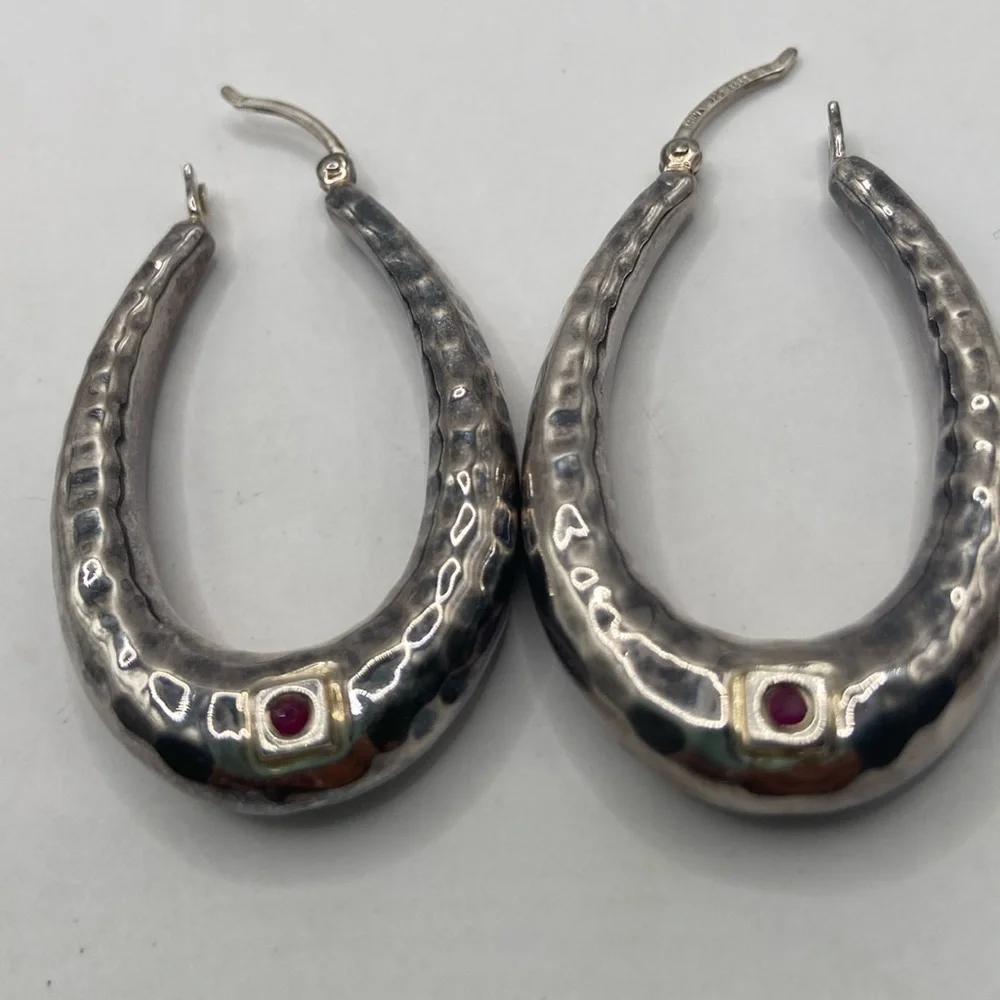 Elle Sterling Silver 925 Ruby Oval Hammered Earrings Pierced 1 3/4”L